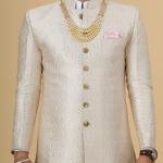 Stunning Beige Banarasi Brocade Achkan with Soft Pink Churidar | Father Son Combo | Perfect for Grooms